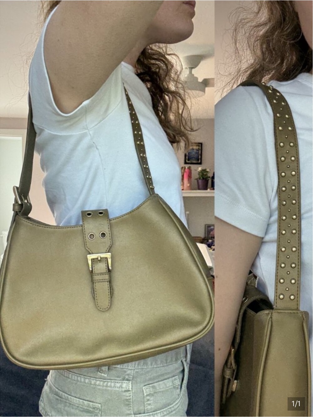 Vintage Metallic Olive Shoulder Bag with Studded Strap